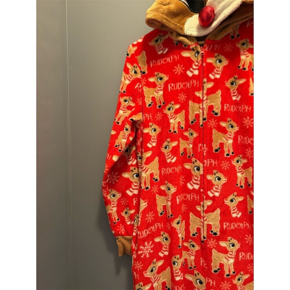 Rudolph Womens Hooded Zip One Piece Pajama Onesie Red Print Size 12-14 - Picture 5 of 11